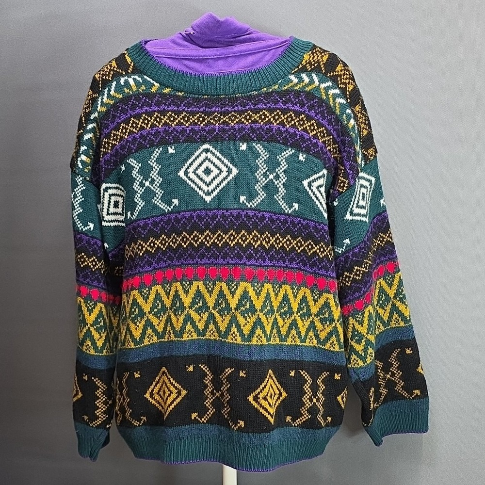 Vintage Woolrich Sweater Women's Size Large Colorful Geometric Knit Green Purple - Picture 1 of 9